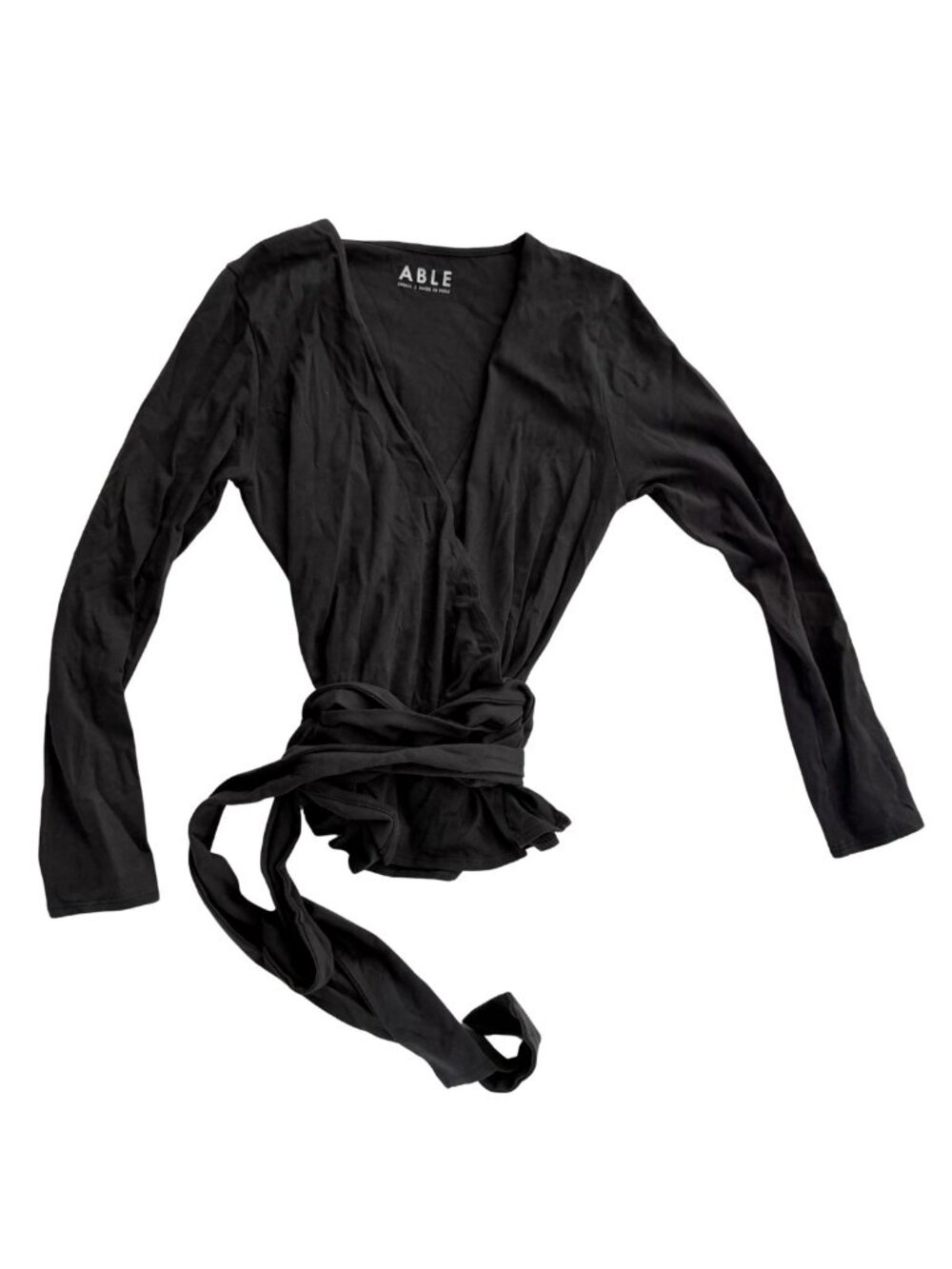 ABLE Trujillo Black Long Sleeve Wrap Top Tie Waist V-Neck Pima Cotton